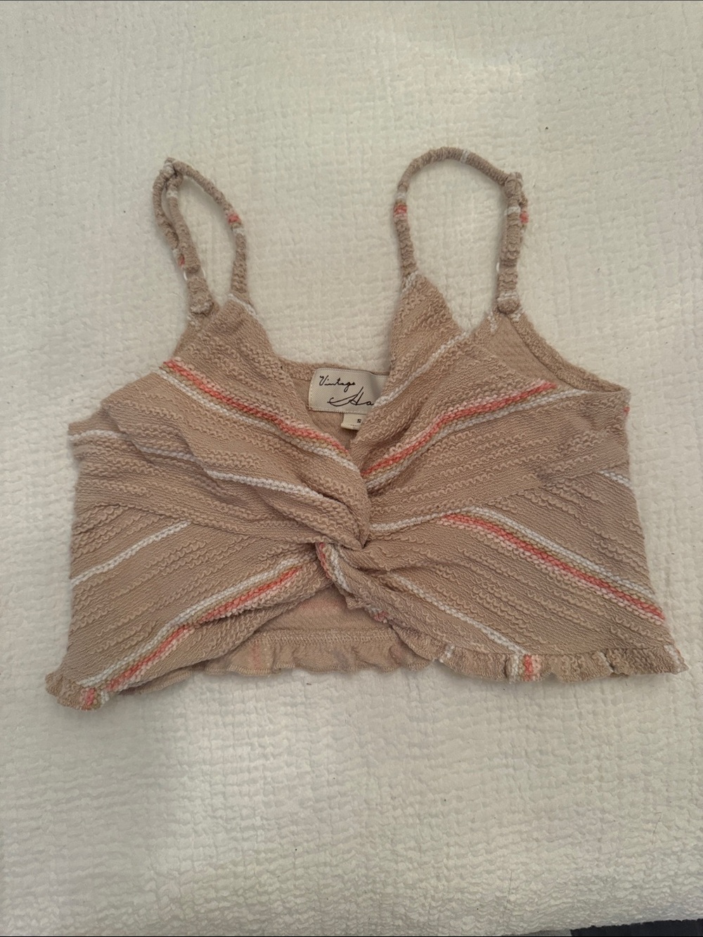 Vintage Havana Beige Knit Twist Front Camisole with Coral & Cream Stripes